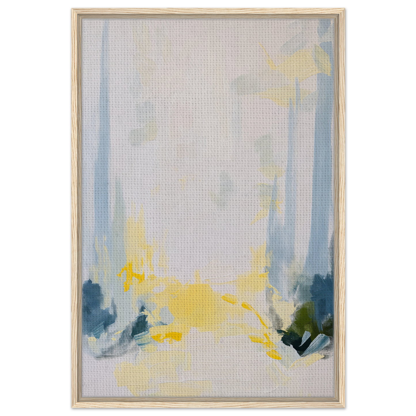 Abstract painting with blue, yellow, and gray brushstrokes in Tranquil Arbor Dreams framed canvas print