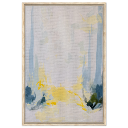 Abstract painting with blue, yellow, and gray brushstrokes in Tranquil Arbor Dreams framed canvas print