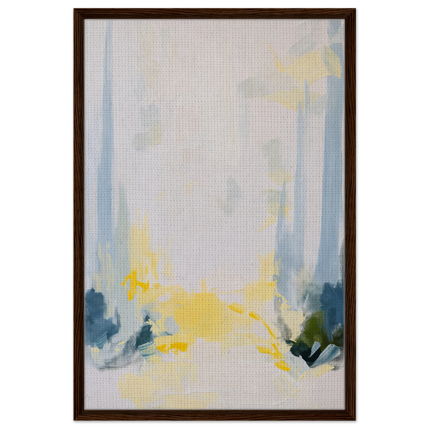 Abstract painting with soft blue, yellow, and gray brushstrokes for Tranquil Arbor Dreams