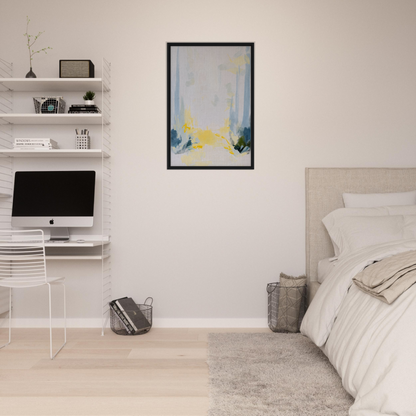 Minimalist bedroom featuring Tranquil Arbor Dreams framed canvas print on white walls