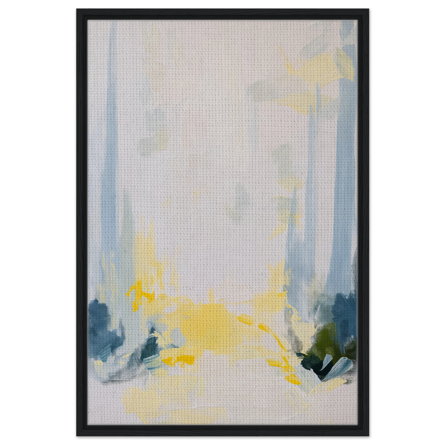 Abstract painting in soft blue, yellow, and gray for Tranquil Arbor Dreams framed canvas print