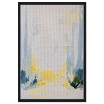 Abstract painting in soft blue, yellow, and gray for Tranquil Arbor Dreams framed canvas print