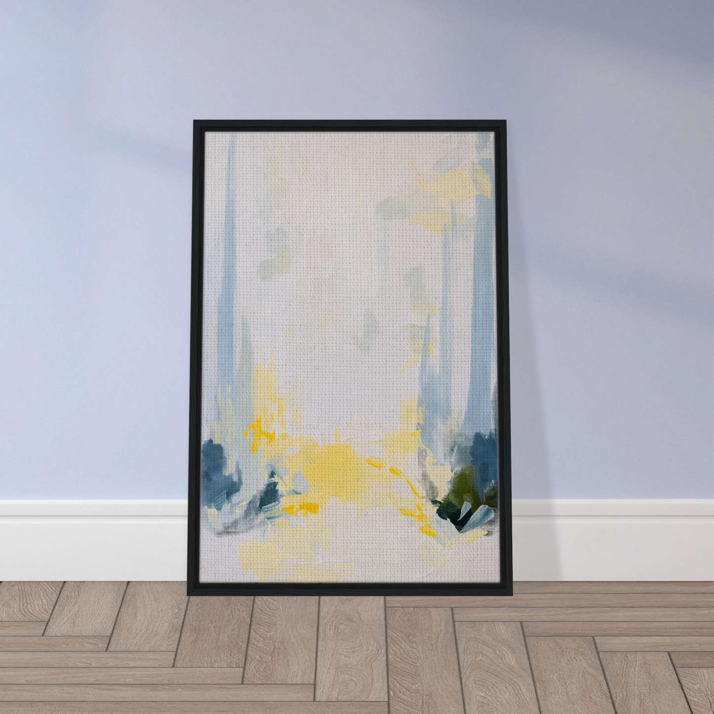 Framed abstract painting in soft yellow and blue for Tranquil Arbor Dreams room decor