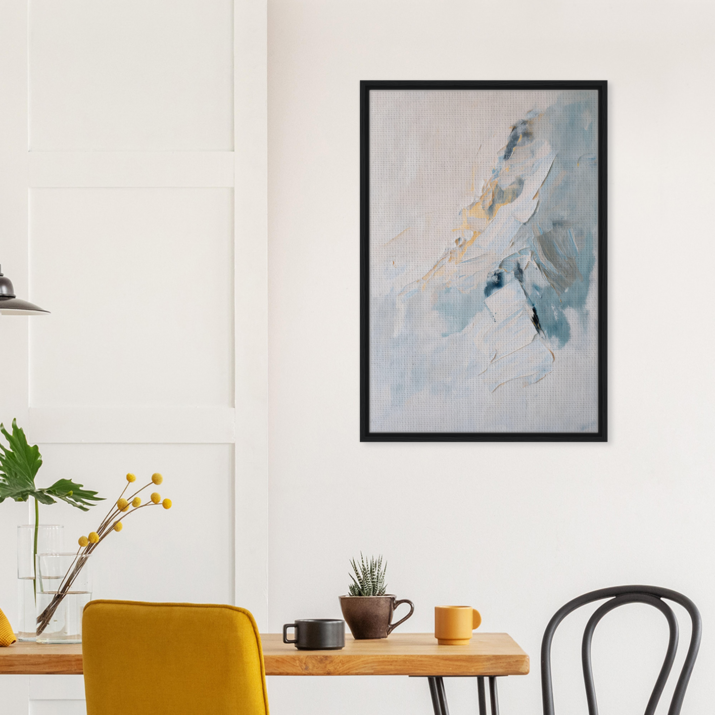 Abstract painting with soft blue and yellow tones, part of Tranquil Chromatic Voyage framed canvas print