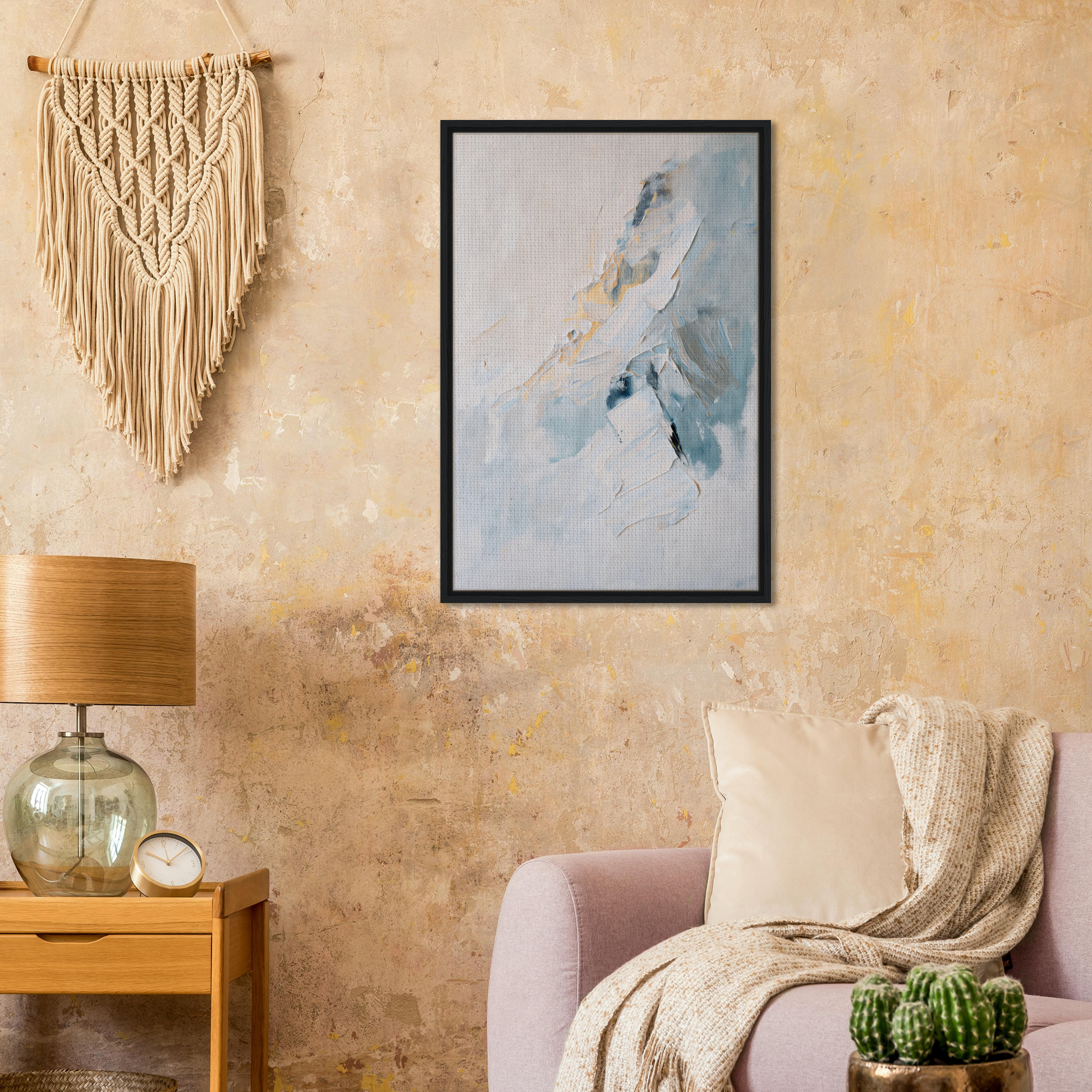 Framed canvas print of a bird-like figure in soft blue, Tranquil Chromatic Voyage