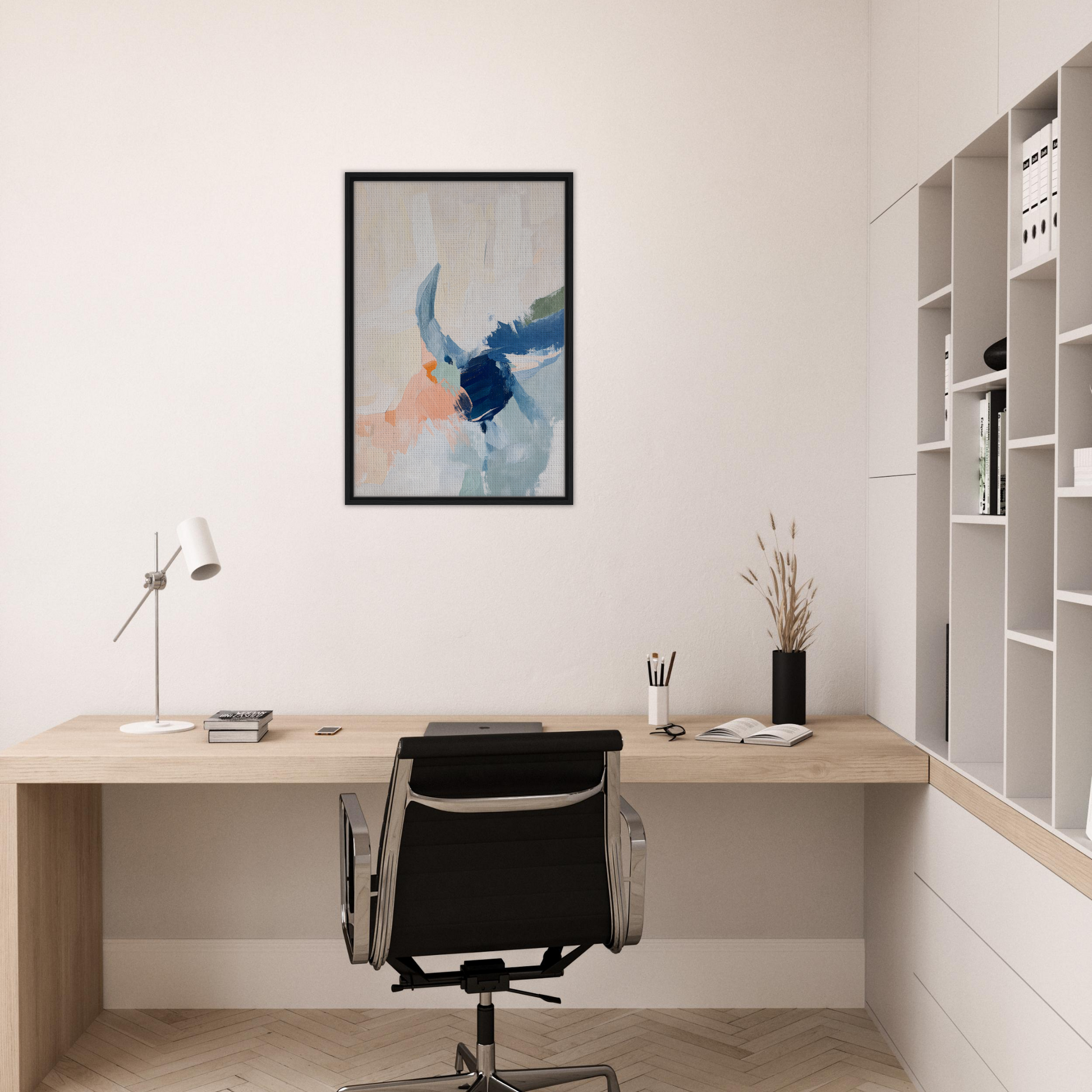 Minimalist home office showcasing Tranquil Teal Tempest and framed canvas print