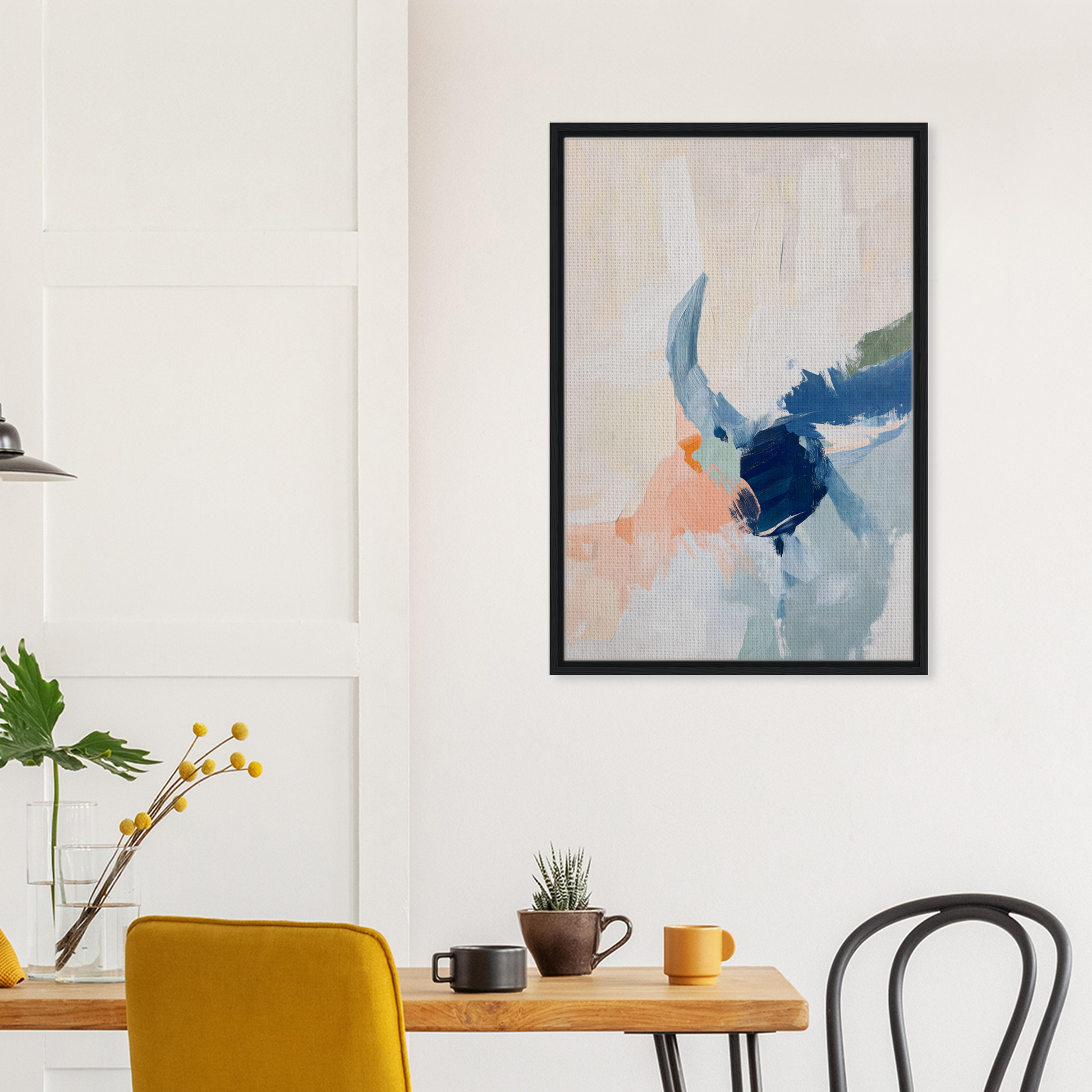 Abstract painting with blue and peach brushstrokes in a black frame, Tranquil Teal Tempest