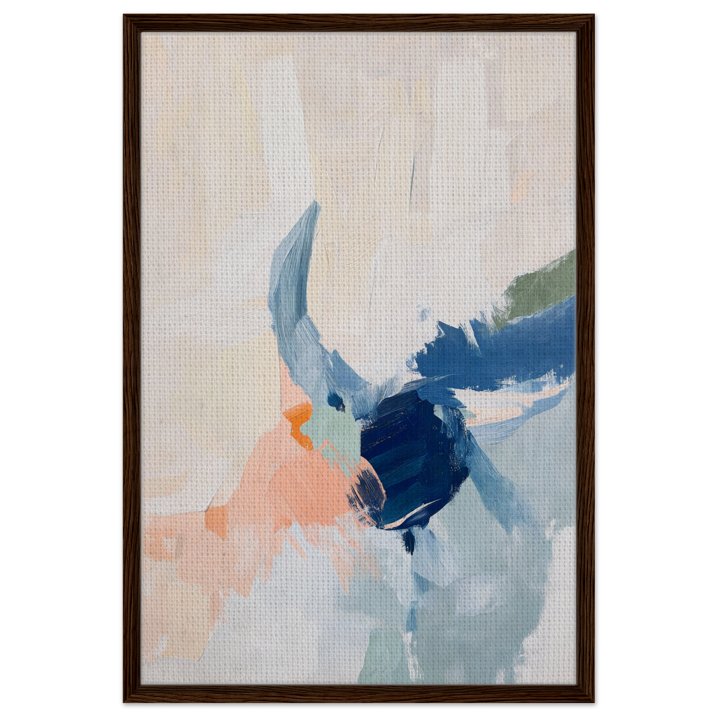 Abstract painting in soft blue, peach, and navy for Tranquil Teal Tempest framed canvas print