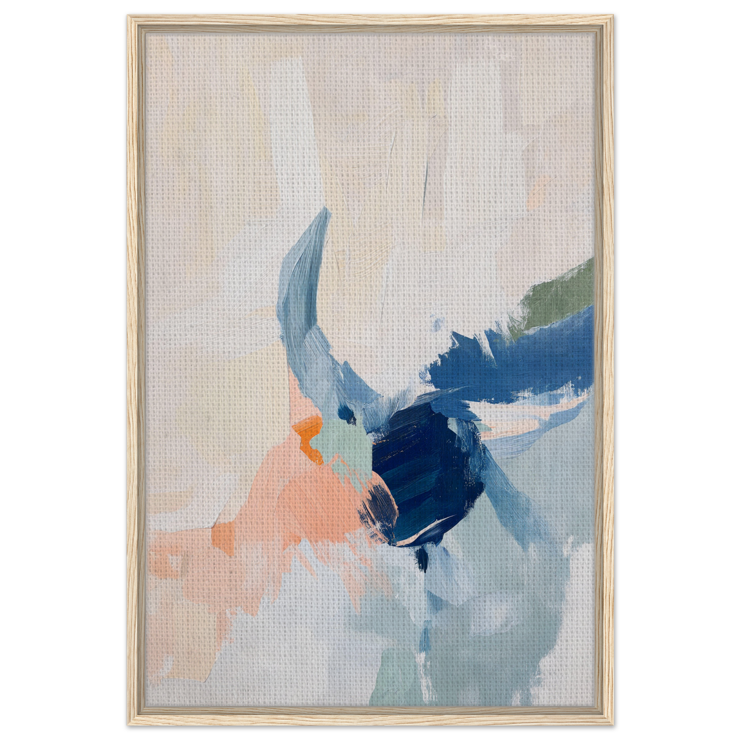 Abstract painting with blue, peach, and navy brushstrokes from the Tranquil Teal Tempest collection