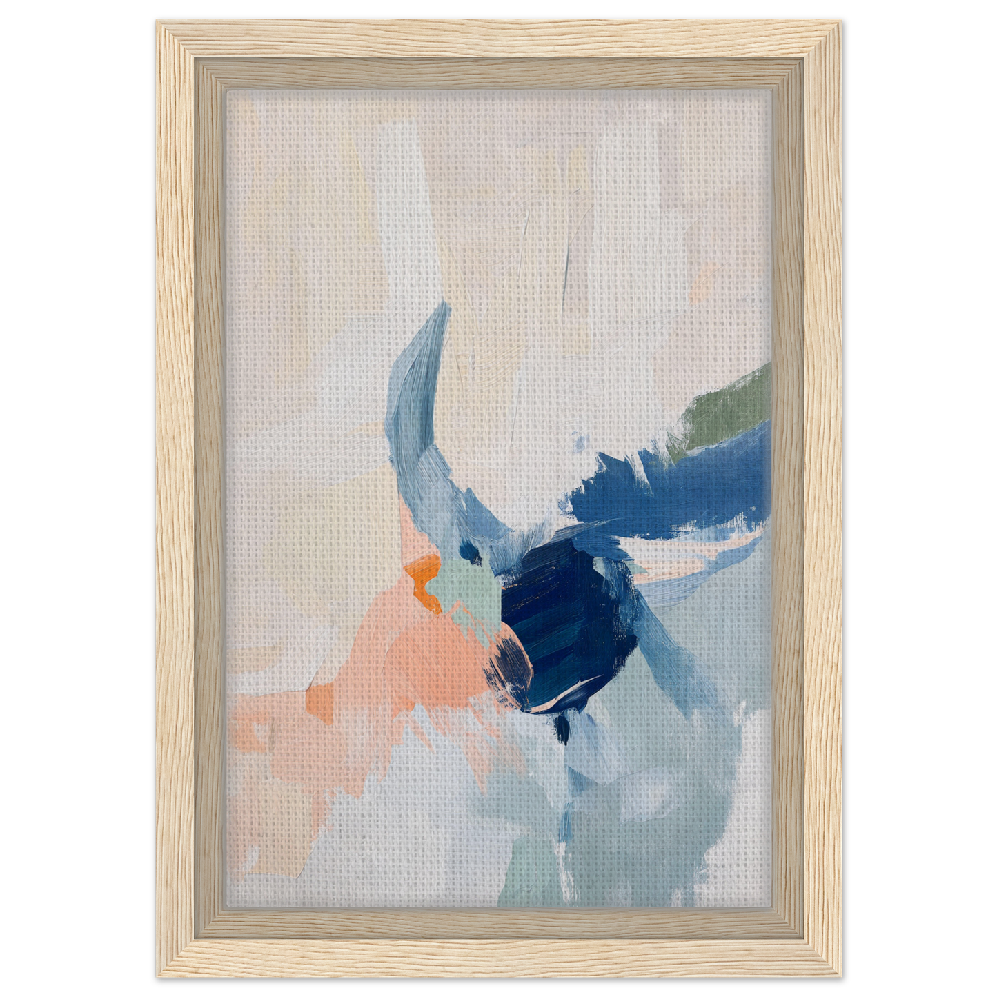 Abstract painting in soft blue and peach hues, framed canvas print Tranquil Teal Tempest