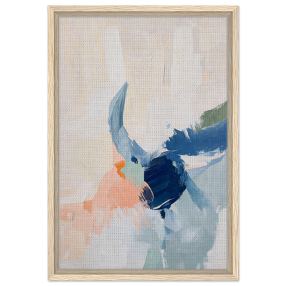 Abstract painting in soft blue, peach, and navy for Tranquil Teal Tempest framed canvas print