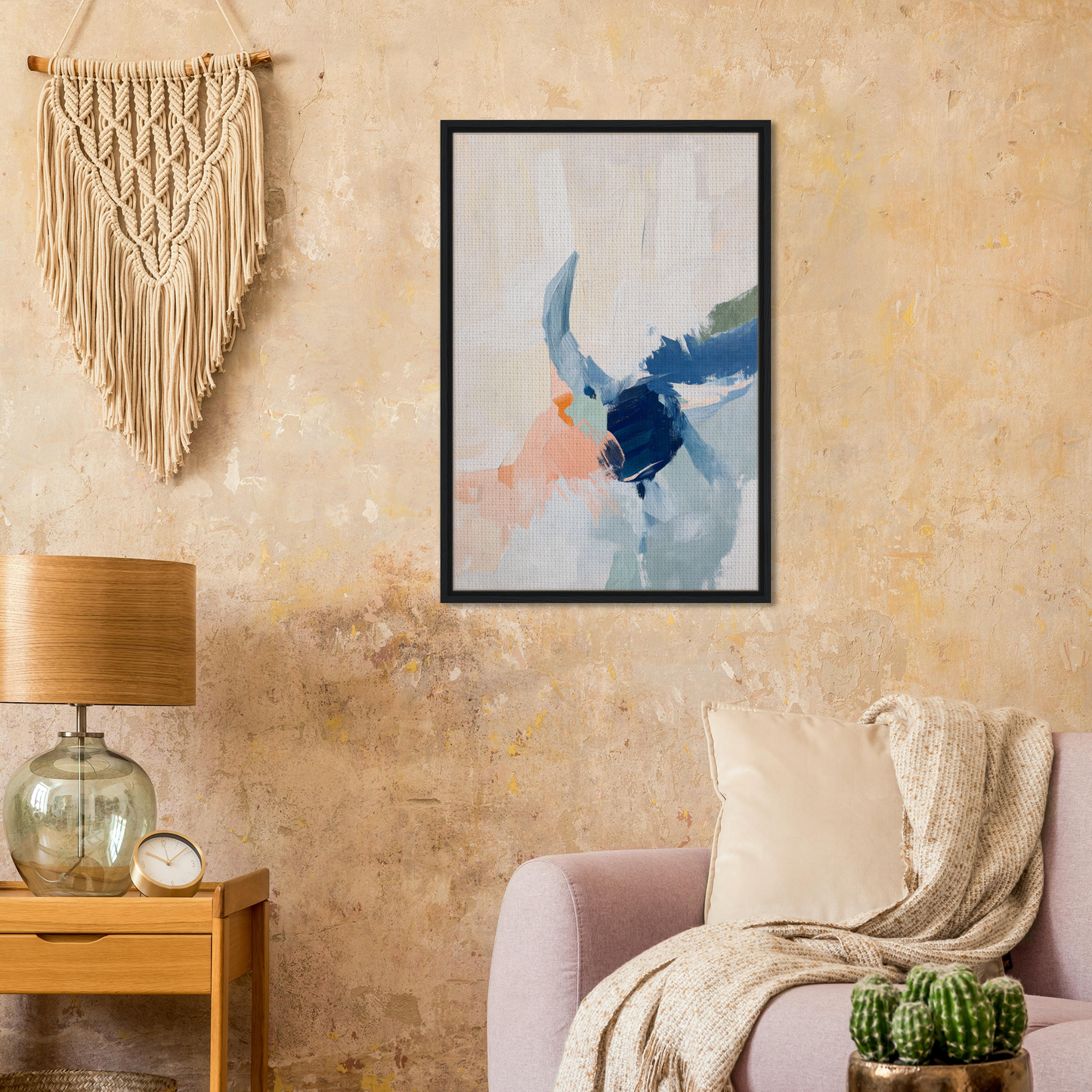 Framed canvas print featuring tranquil teal tempest with blue and peach brushstrokes