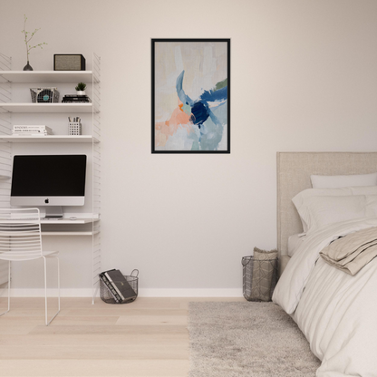 Modern bedroom with minimalist decor showcasing Tranquil Teal Tempest framed canvas print