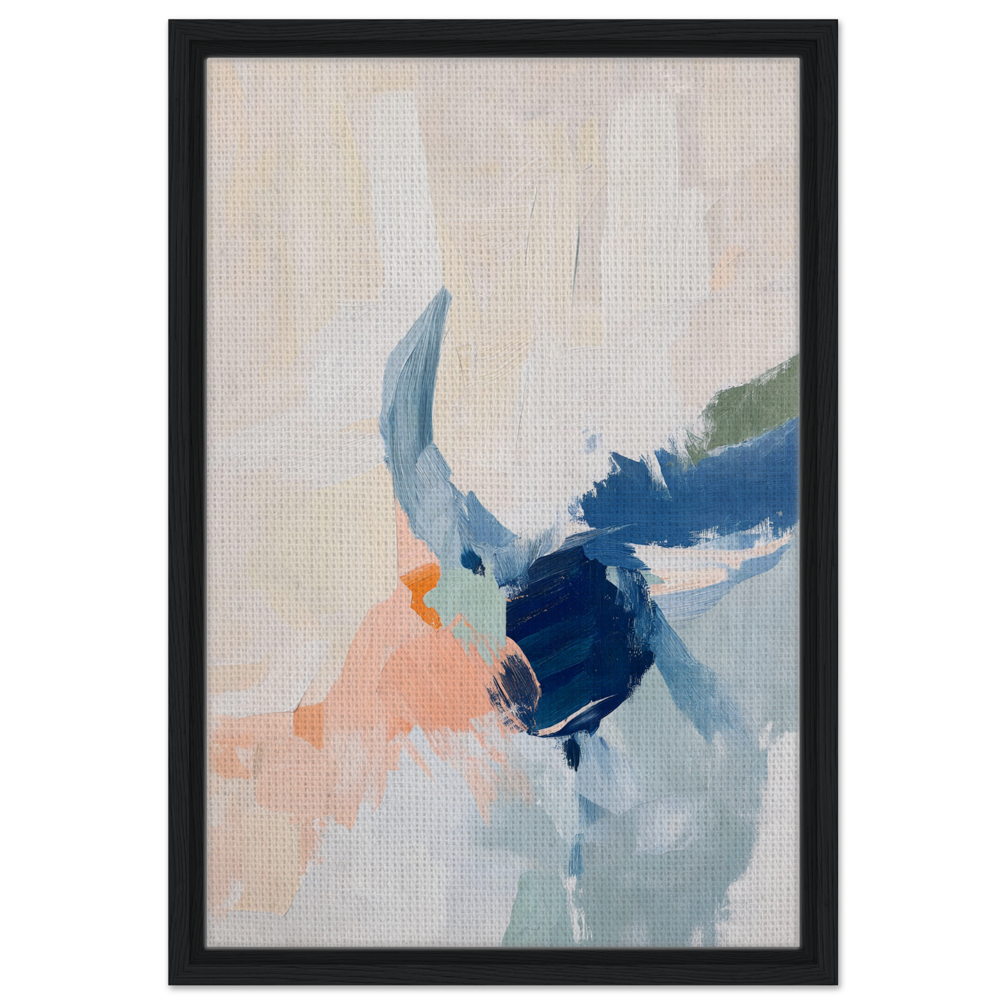 Abstract painting featuring soft blue, peach, and navy strokes in Tranquil Teal Tempest framed canvas print