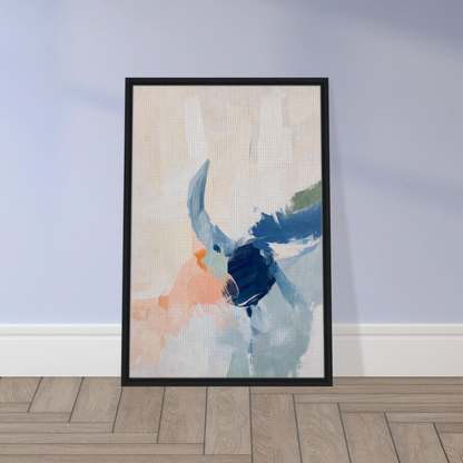 Framed abstract painting in soft blue, peach, and white for Tranquil Teal Tempest room decor