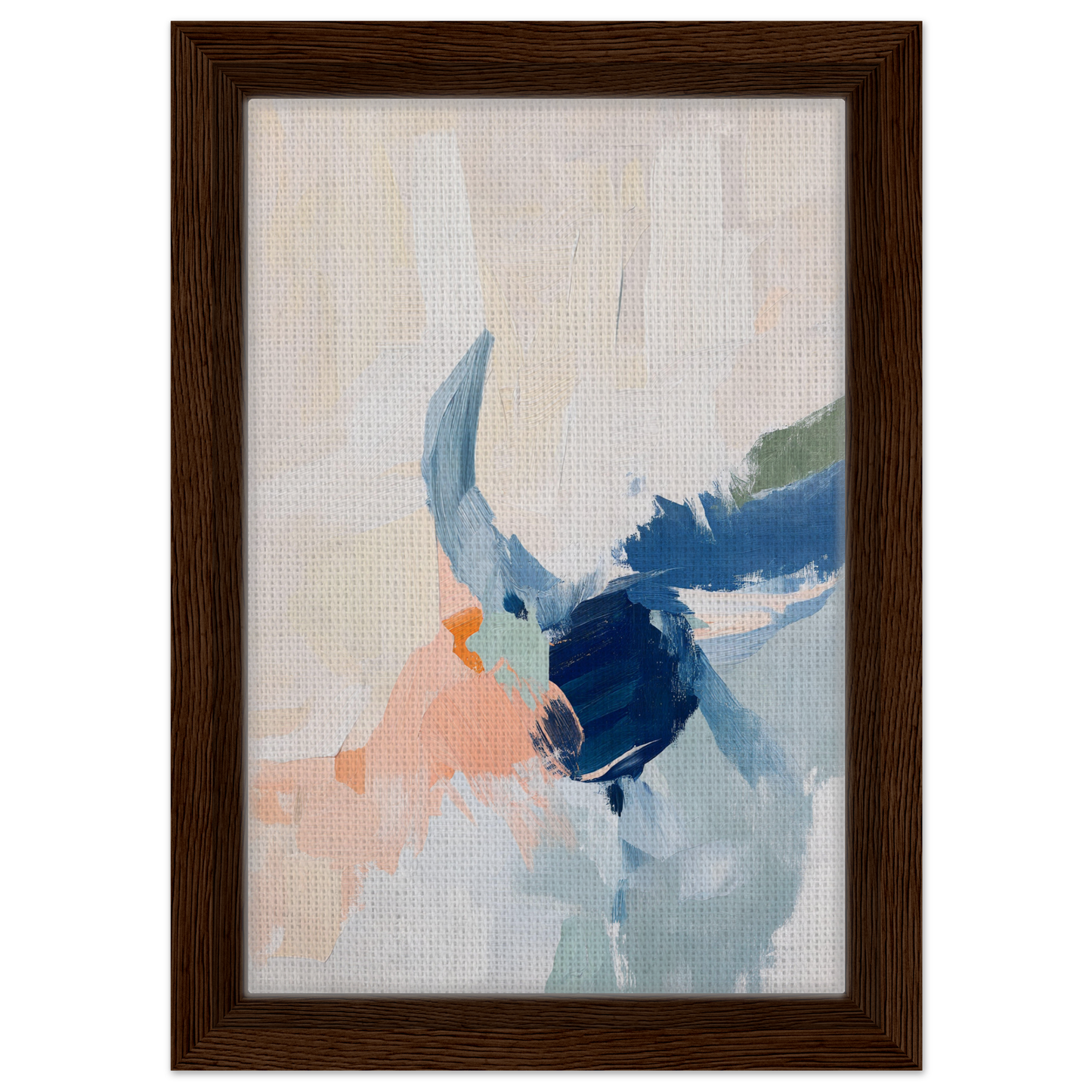 Abstract painting in soft blue, peach, and white framed as Tranquil Teal Tempest