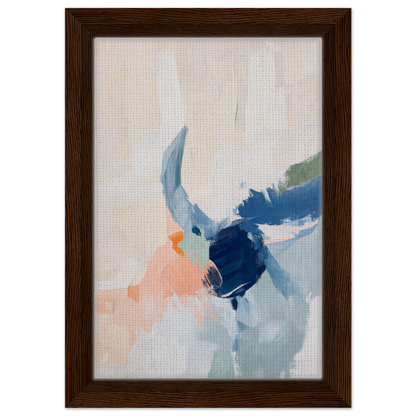 Abstract painting in soft blue, peach, and white framed as Tranquil Teal Tempest