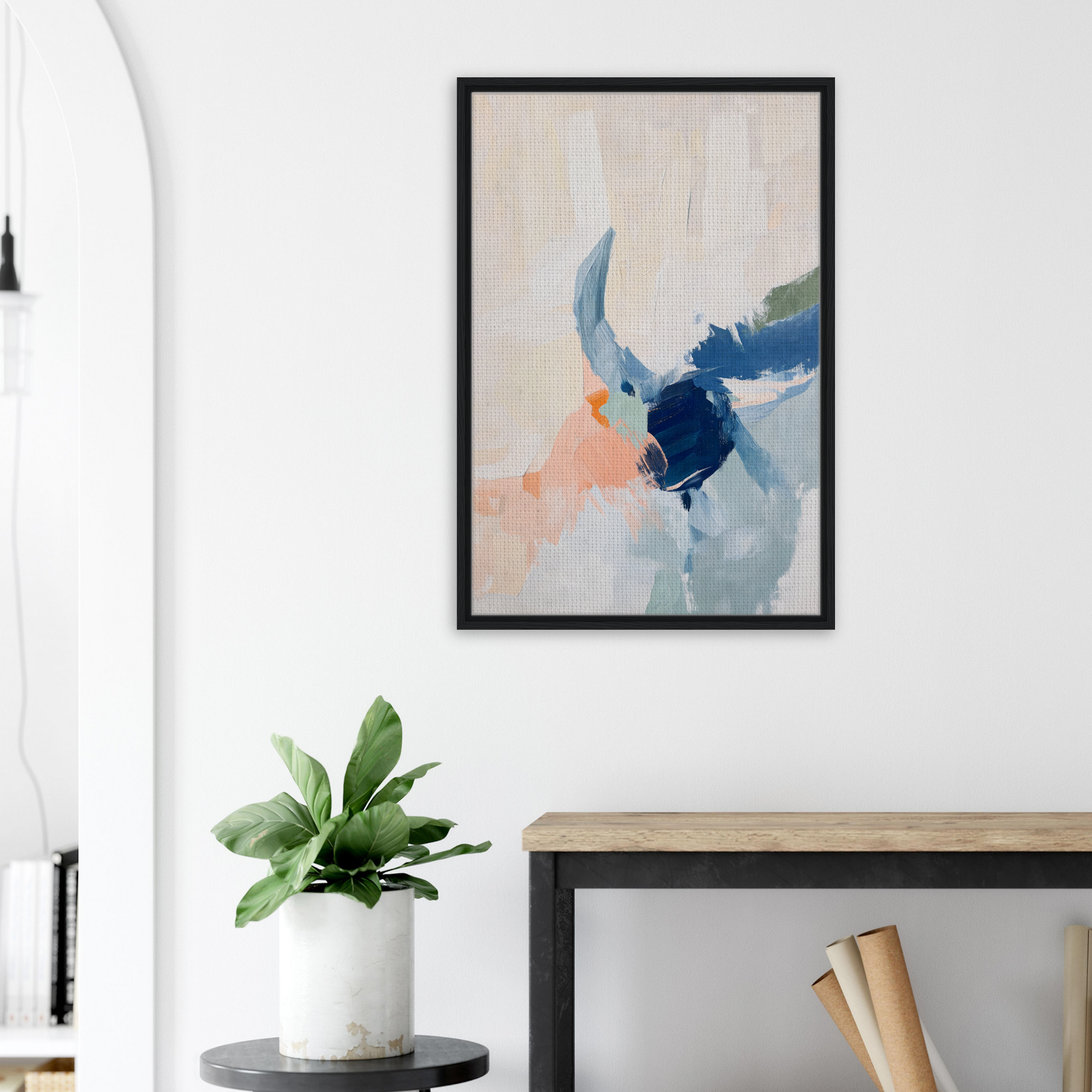 Abstract painting with blue and peach tones in a black frame, Tranquil Teal Tempest