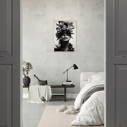 Monochrome portrait of a figure with floral elements obscuring the upper face, displayed as wall art.