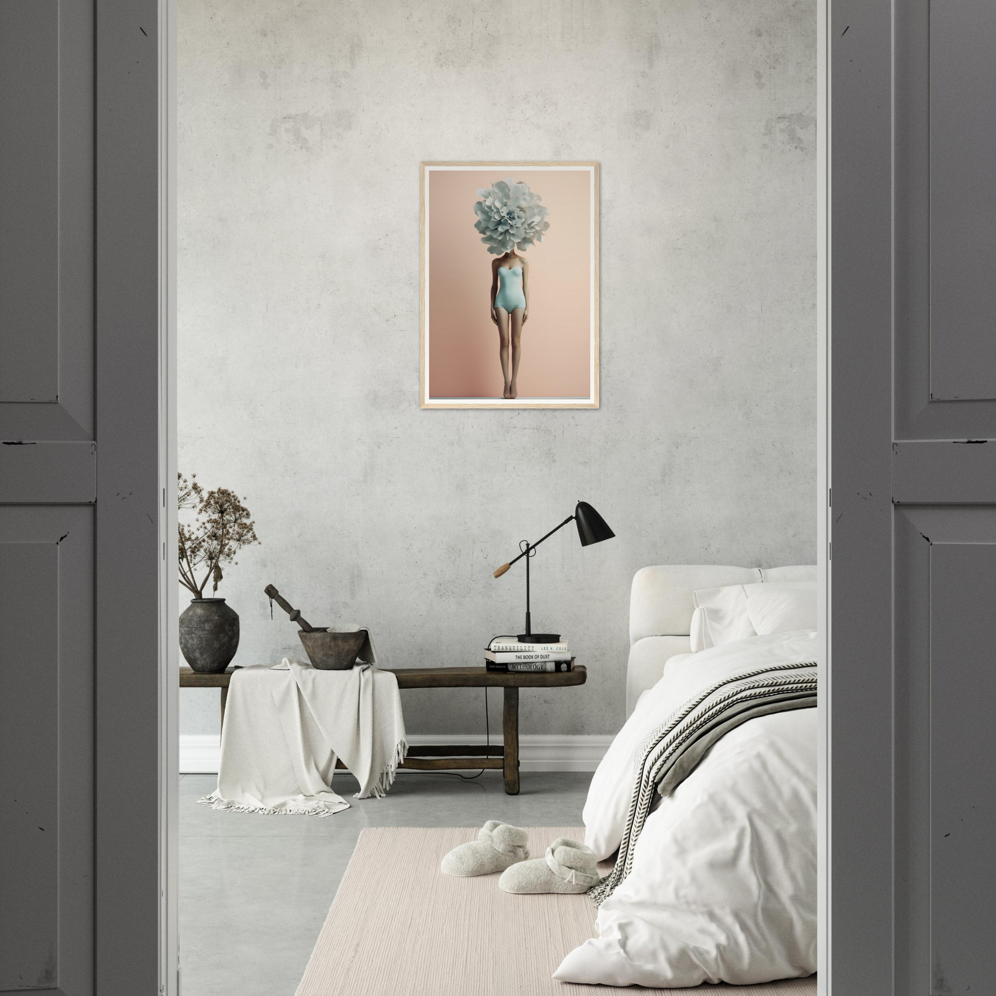 Minimalist bedroom with a surrealist artwork featuring a figure with a plant-like head.