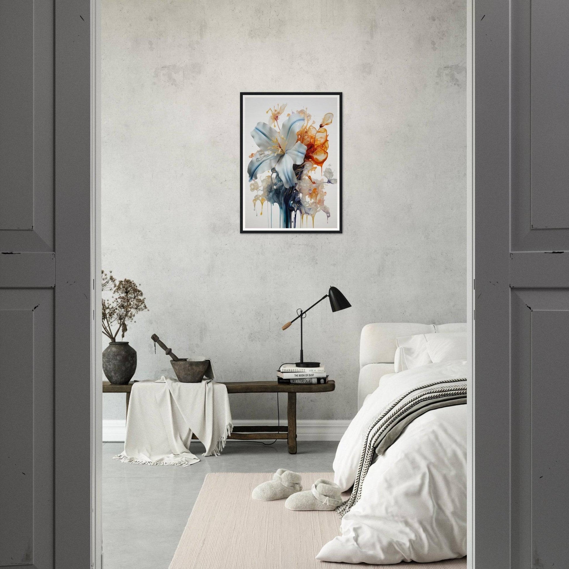 Framed abstract painting with blue and orange tones hanging on a white wall.