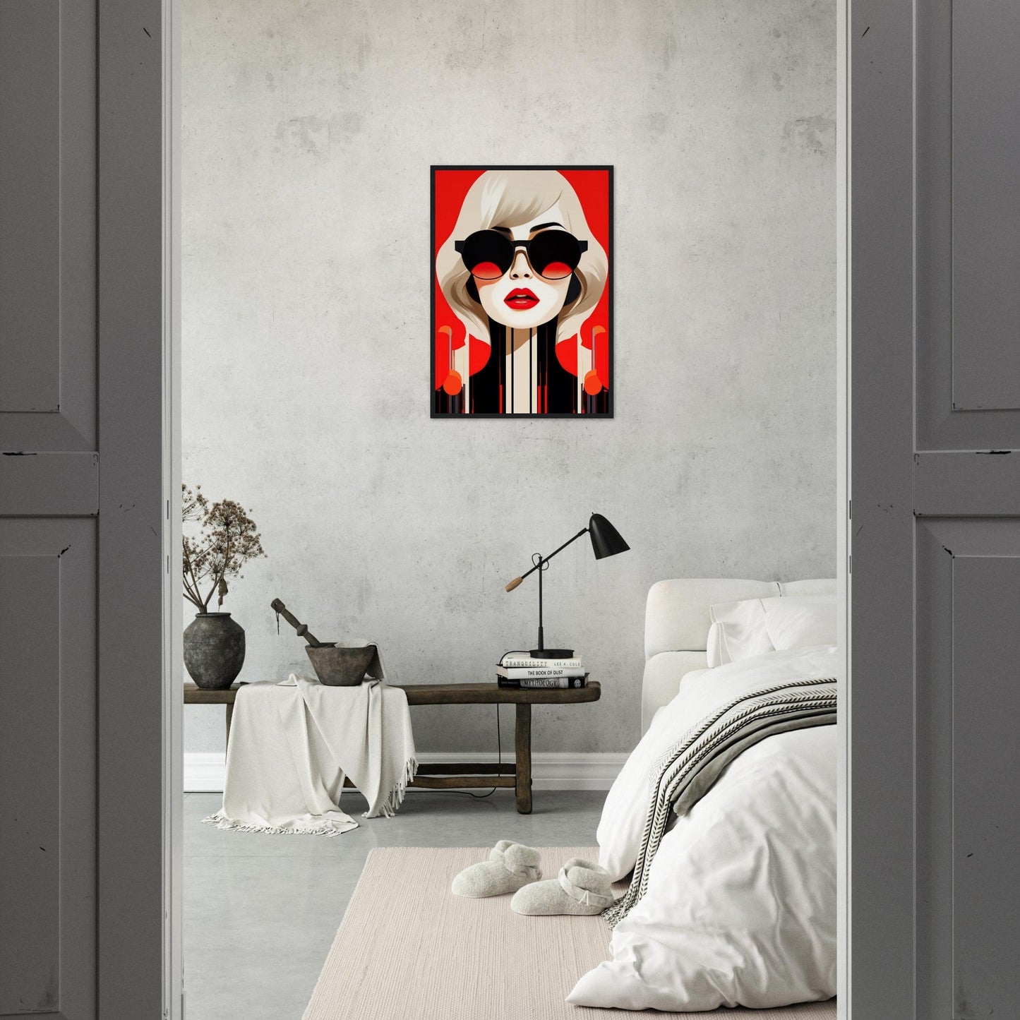 Stylized pop art portrait of a woman with sunglasses and red lips on a vibrant red background.