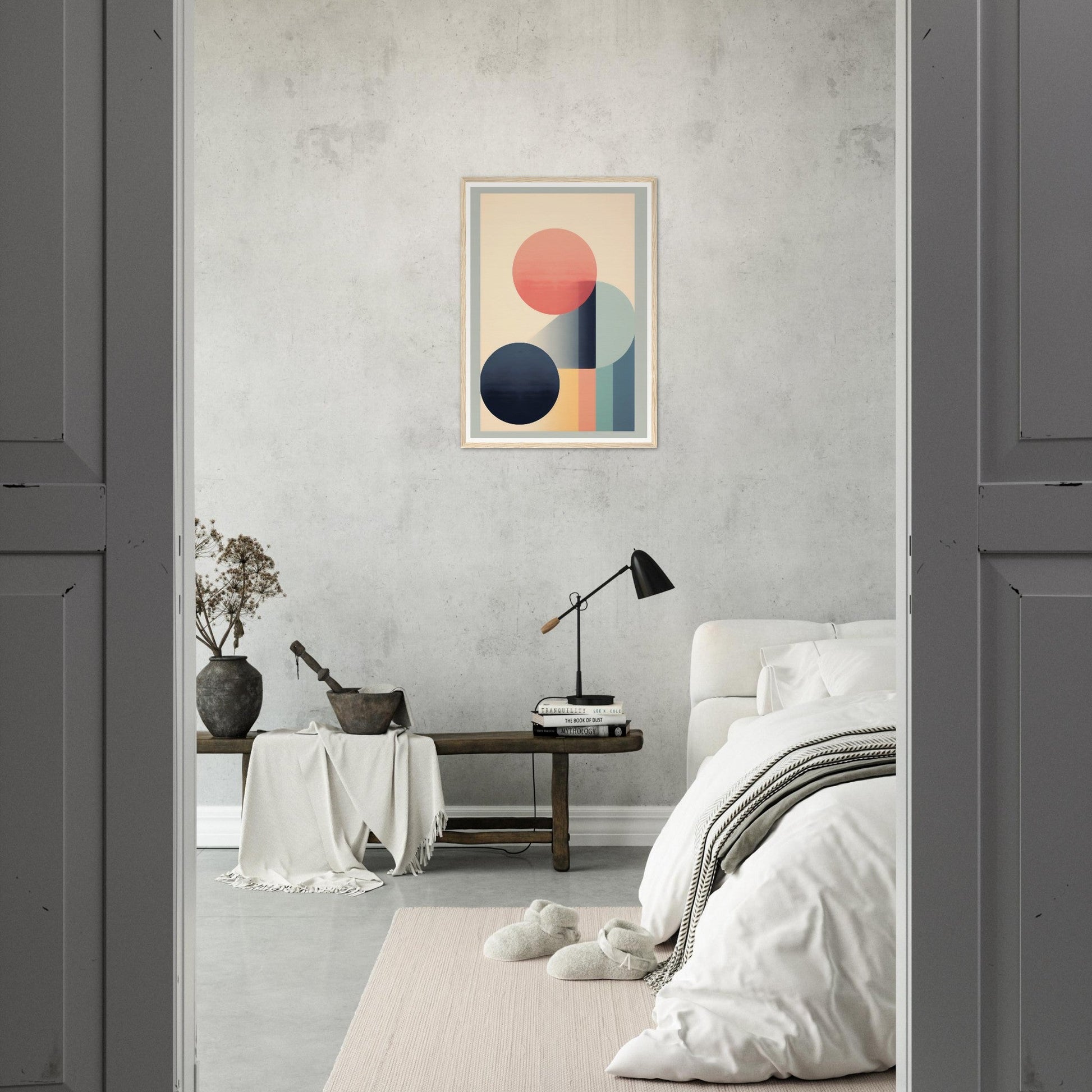 Minimalist bedroom with a geometric abstract artwork as the focal point.