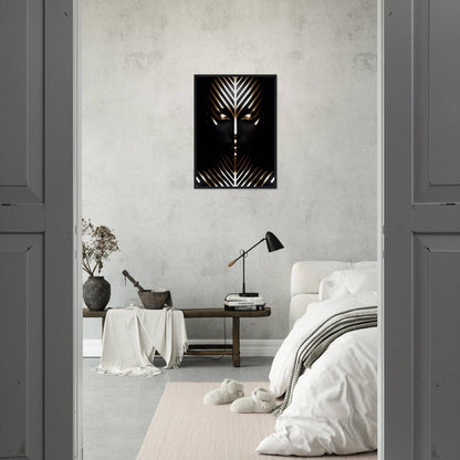 Minimalist bedroom with a striking black and white abstract artwork as the focal point.