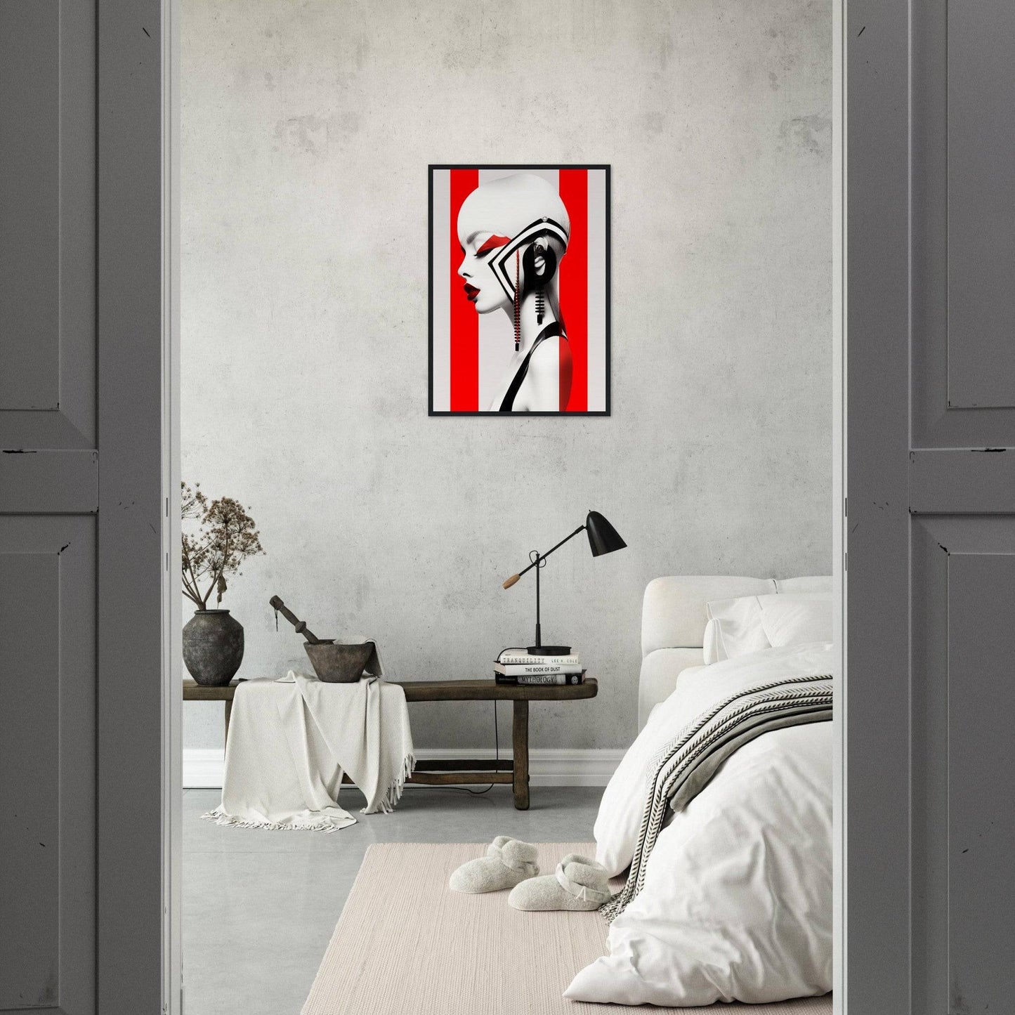 Minimalist bedroom with a striking red and white abstract artwork on the wall.