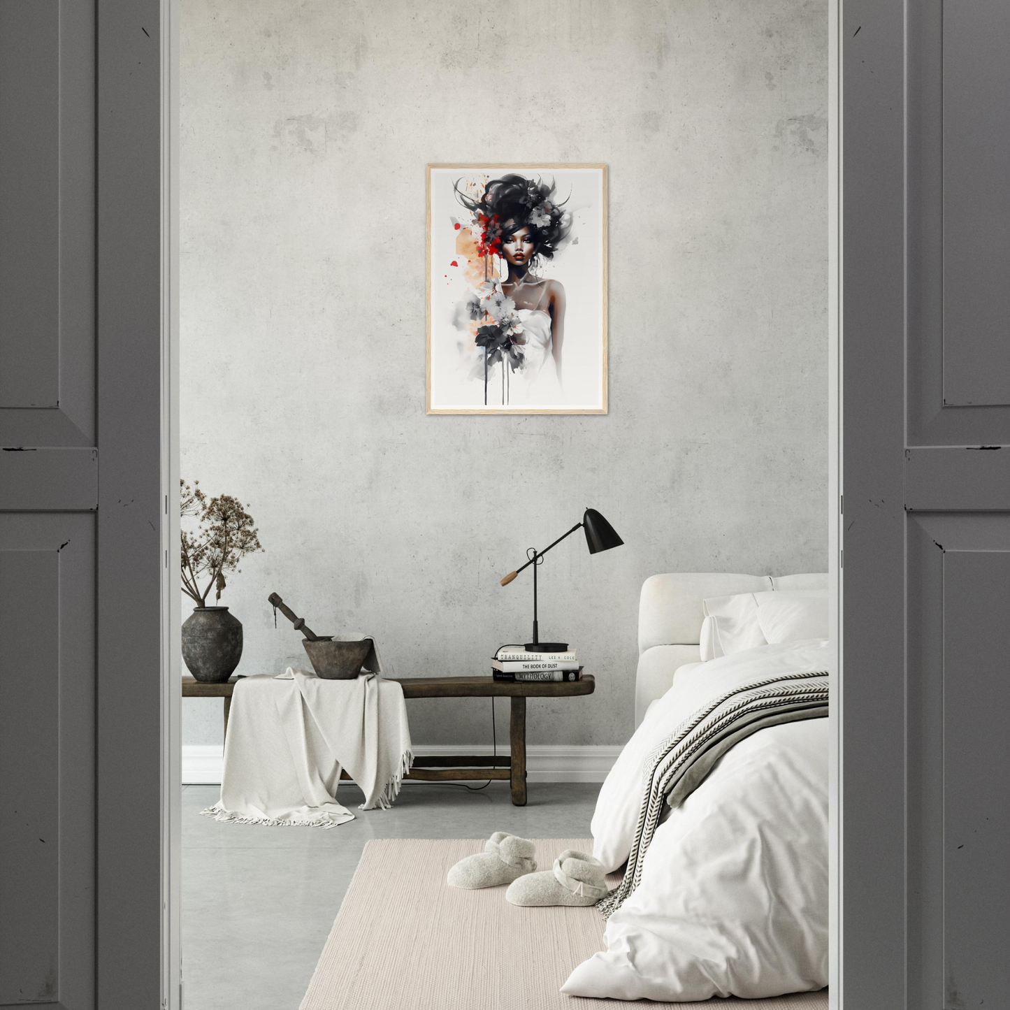 Minimalist bedroom with a striking abstract portrait on the wall.