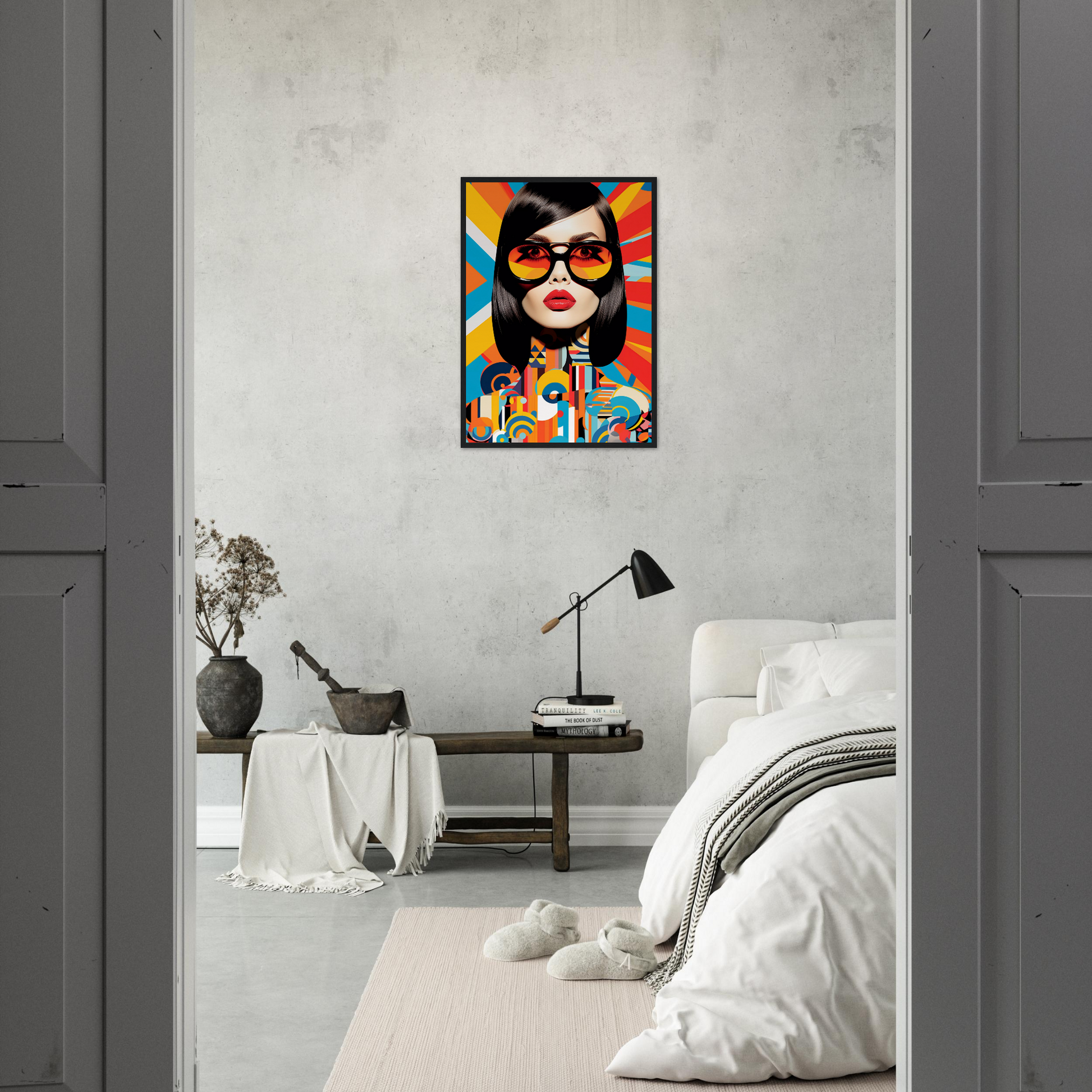 Colorful pop art-style portrait of a woman wearing sunglasses hanging on a wall.