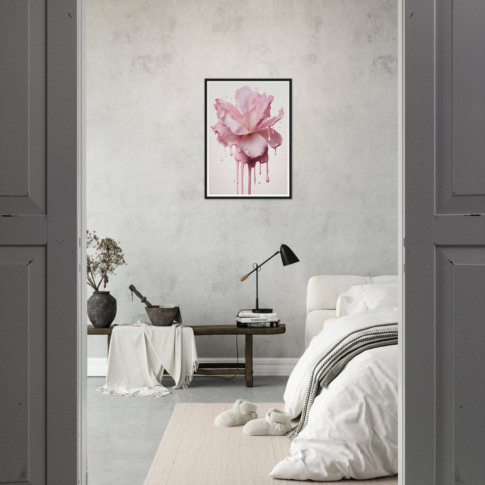 Framed artwork of a pink flower with dripping paint effect.