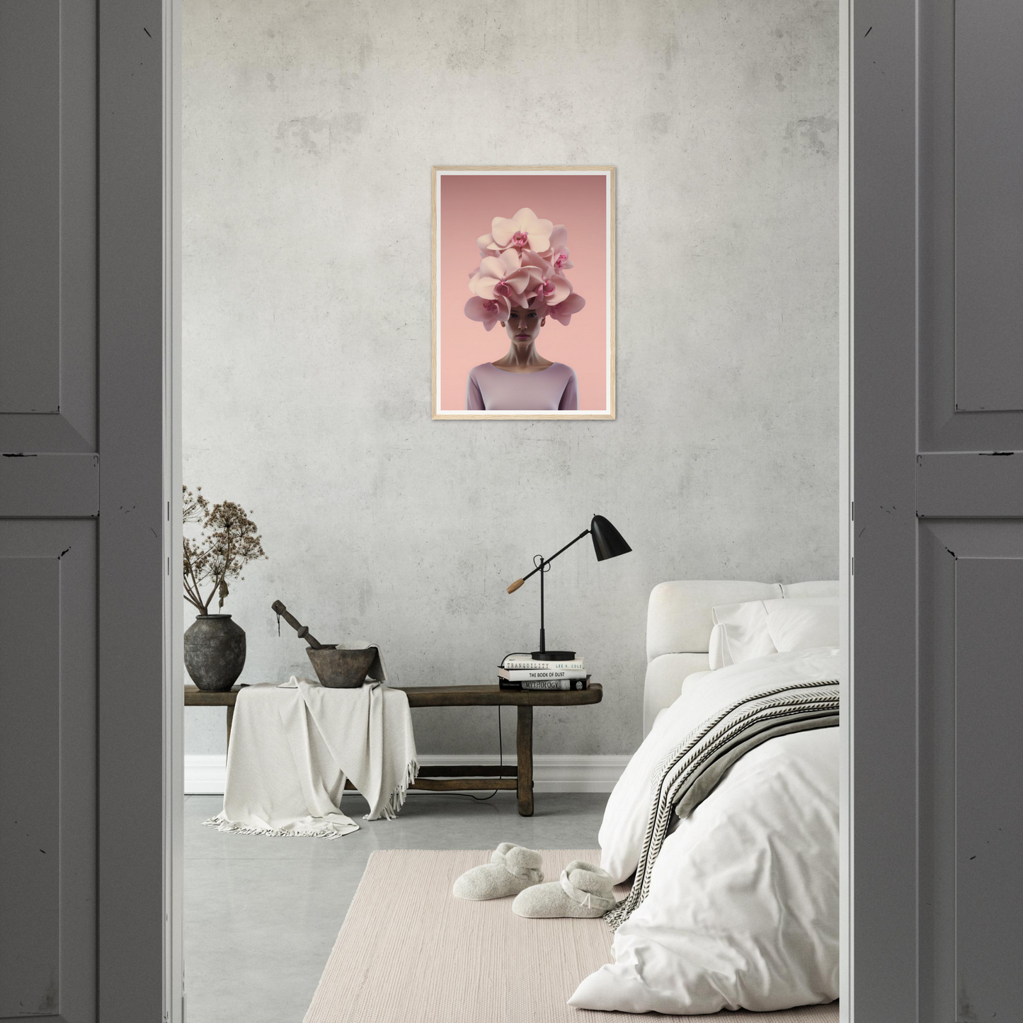 Bedroom with a surreal pink floral portrait on the wall.