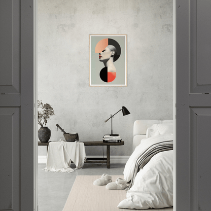 Minimalist bedroom with a striking abstract portrait on the wall.