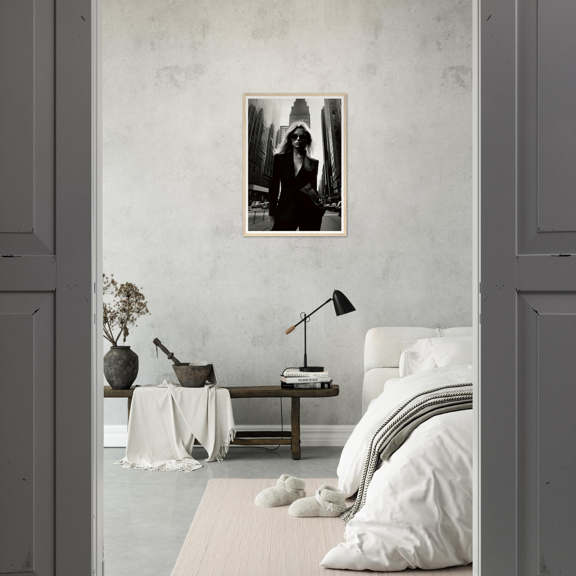 Monochrome bedroom with a black and white portrait on the wall.