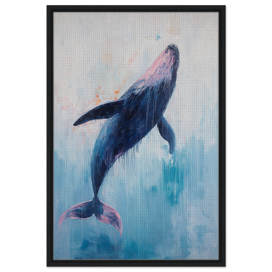 Whale in blue and pink hues swimming up, featured in Transcendent Blue Leviathan framed print