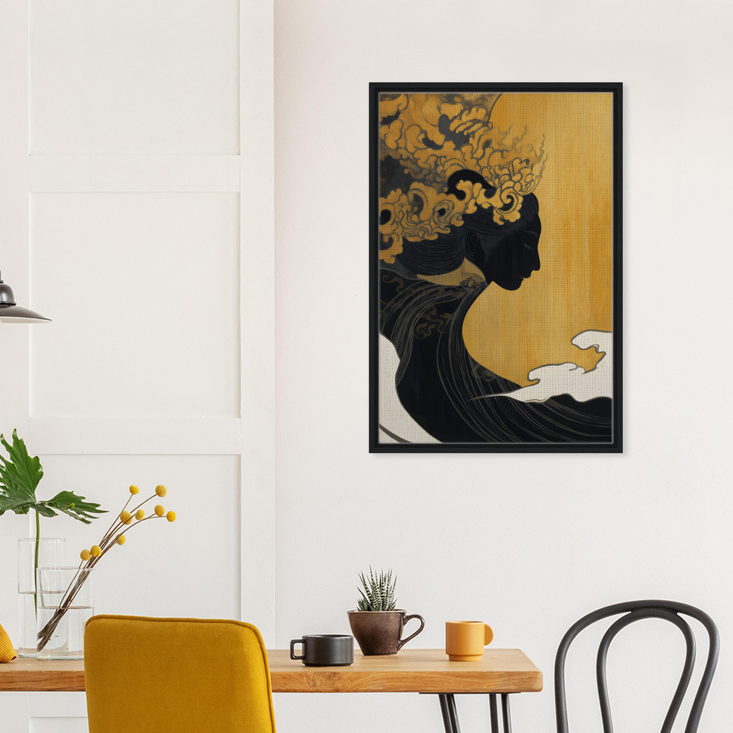 Framed canvas print featuring stylized profile silhouette with floral elements in Transcendent Cosmic Dreams