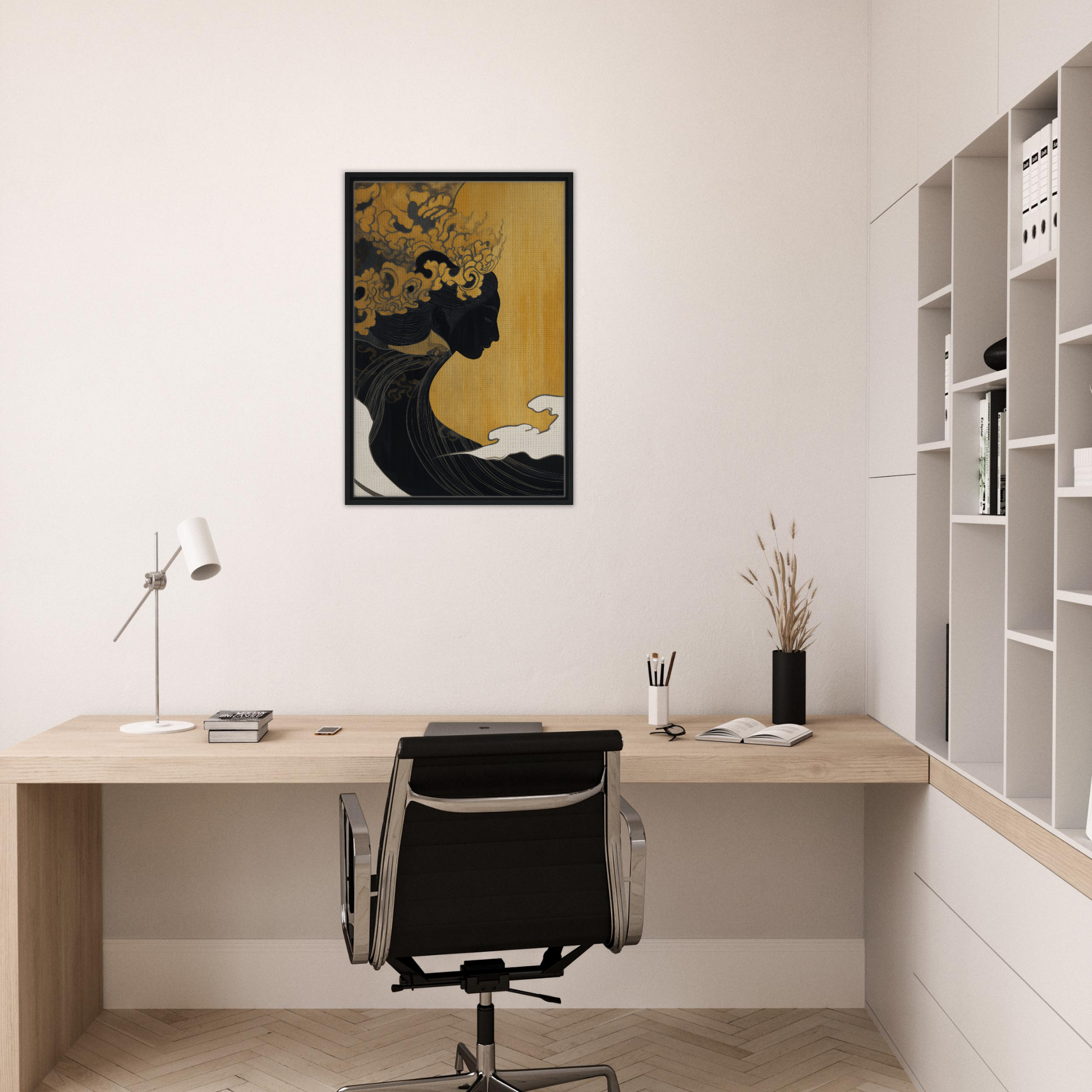 Minimalist home office with wooden desk, chair, and Transcendent Cosmic Dreams artwork