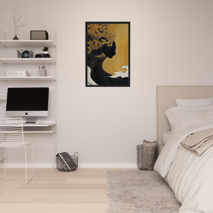 Framed canvas print of Transcendent Cosmic Dreams with floral elements on yellow background