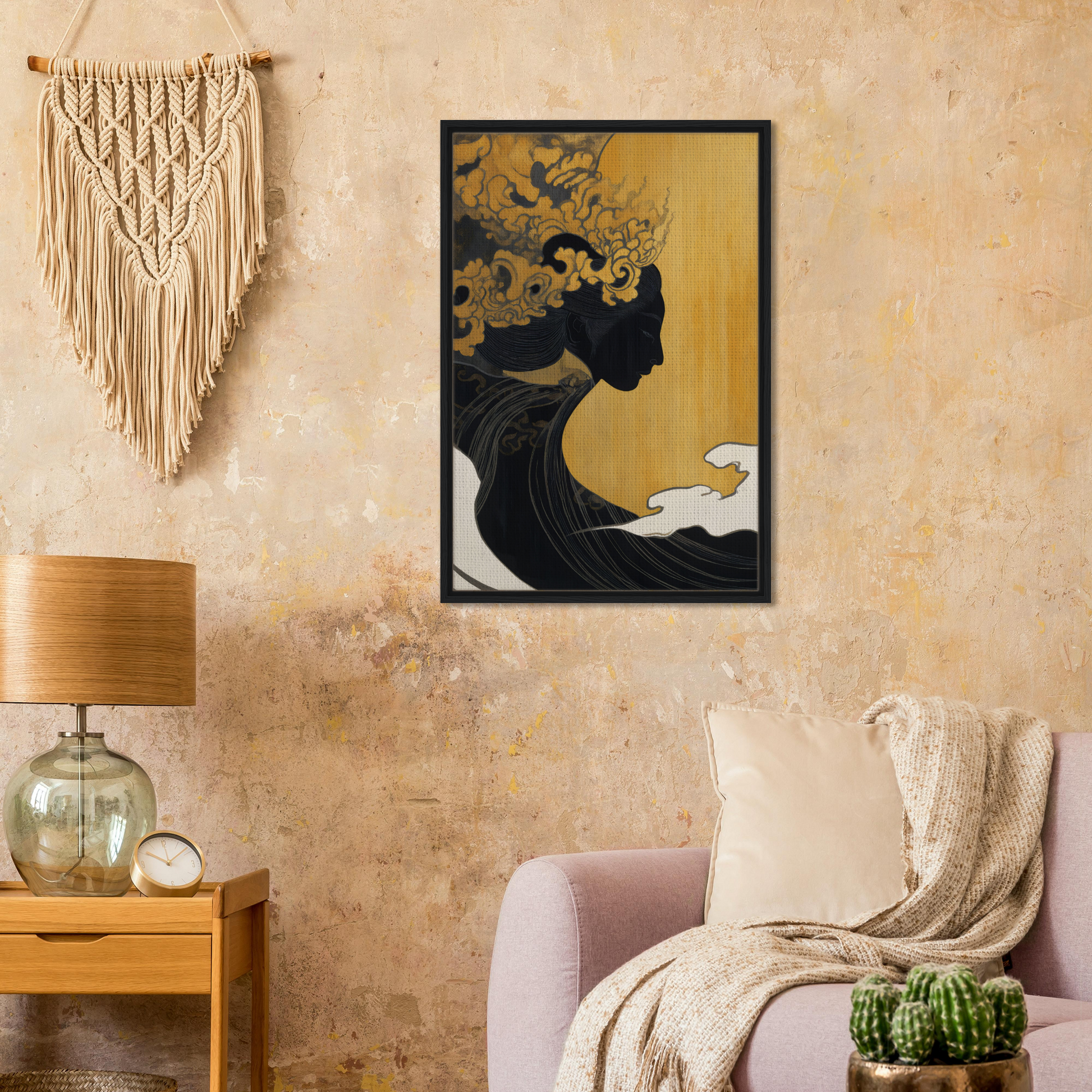 Framed artwork of a floral silhouette on gold for Transcendent Cosmic Dreams room decor