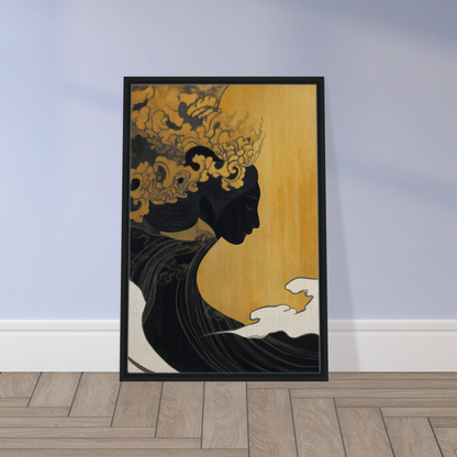 Framed canvas print of a woman’s silhouette with ornate hair on a golden background