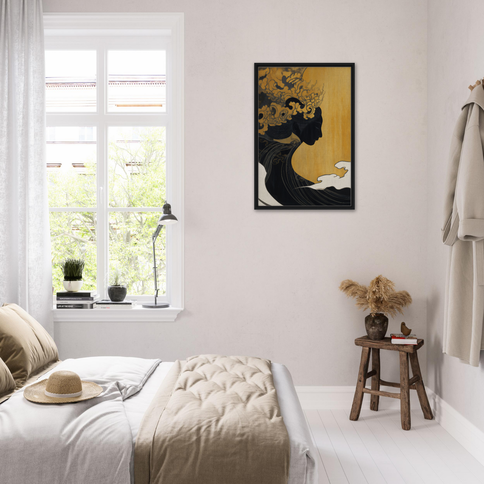 Cozy bedroom with white decor and Transcendent Cosmic Dreams framed artwork