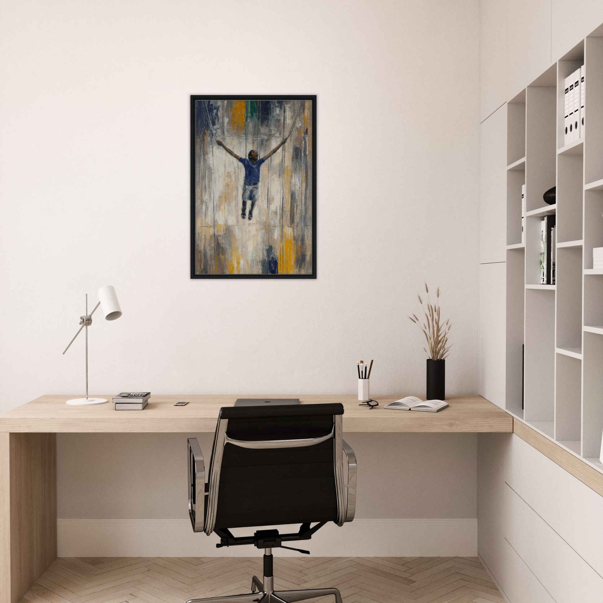 Minimalist home office workspace featuring Transcendent Freedom Swing and Fashion Oracle framed canvas print