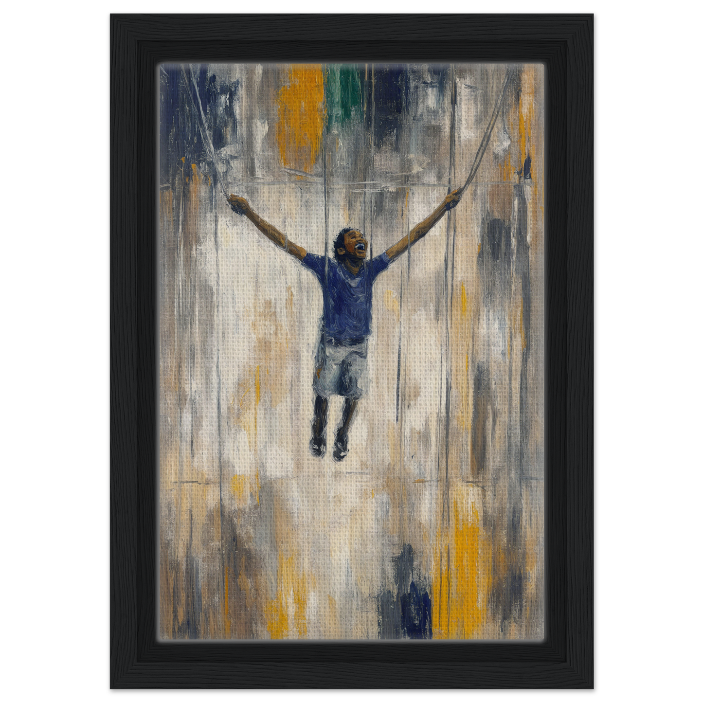 Person jumping with outstretched arms against an abstract background, Transcendent Freedom Swing