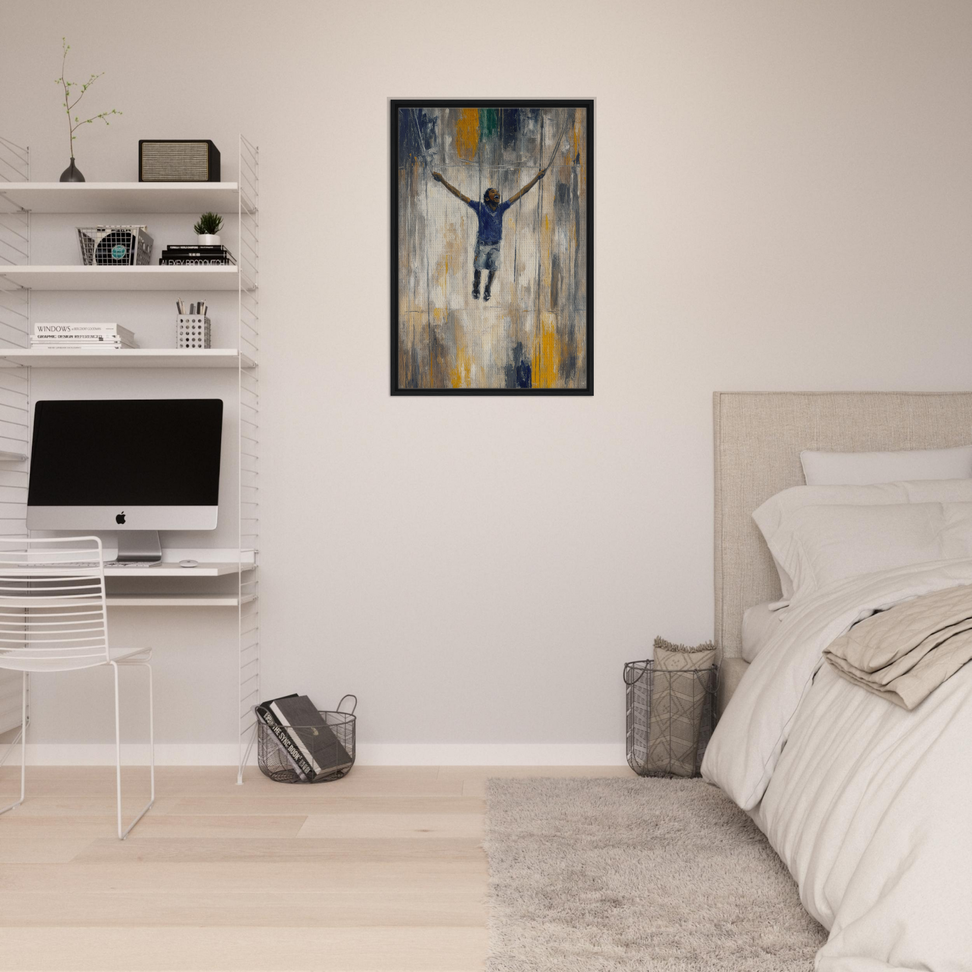 Modern bedroom with minimalist decor featuring the Transcendent Freedom Swing and abstract art