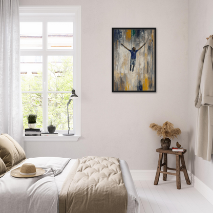 Bright, airy bedroom showcasing Transcendent Freedom Swing and a stylish framed canvas print