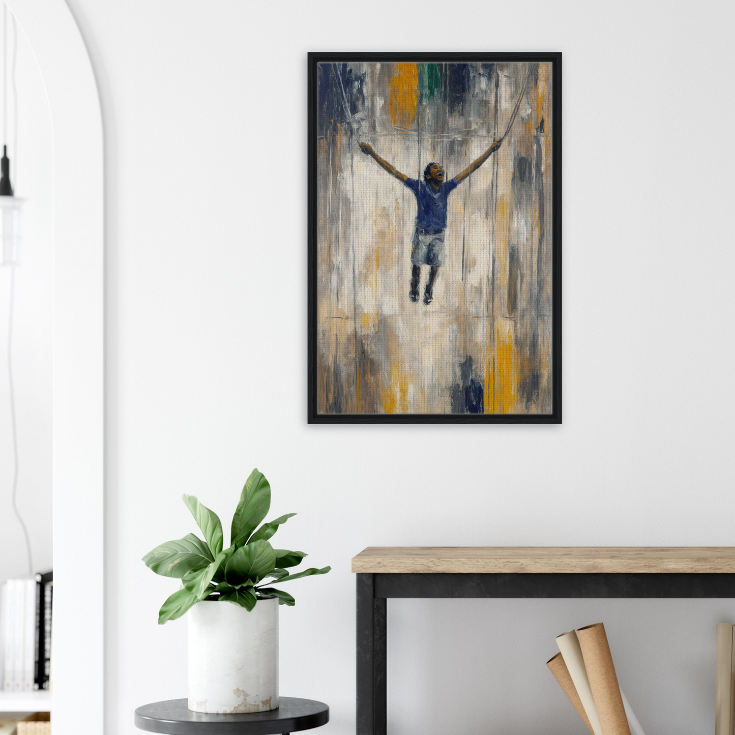 Abstract painting of a figure with outstretched arms for Transcendent Freedom Swing room decor