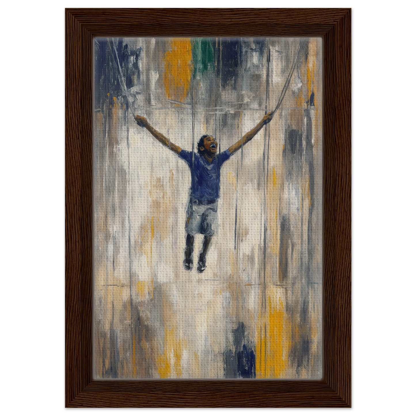 Painting of a person floating, symbolizing freedom, ideal for Transcendent Freedom Swing decor