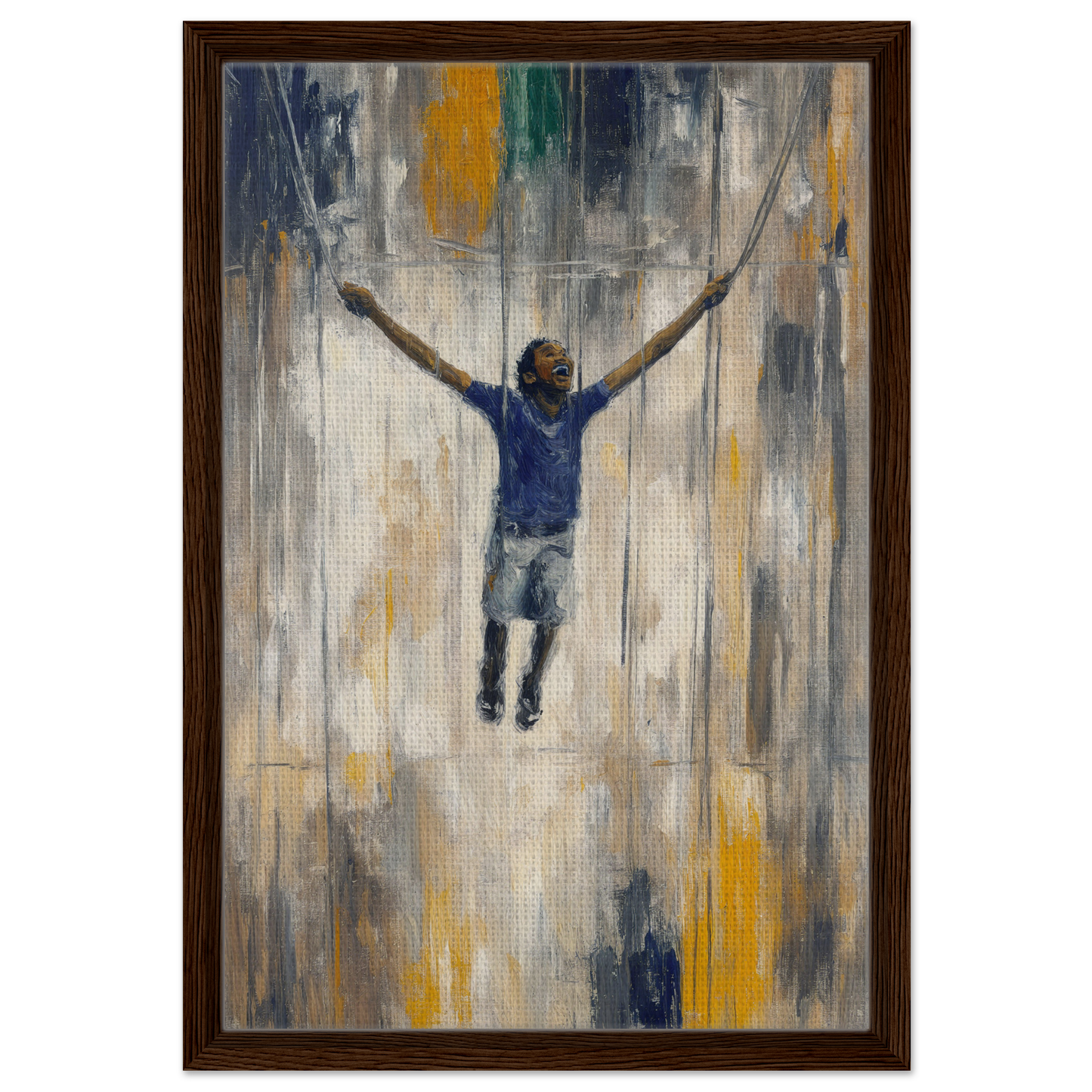 Painting of a person jumping in the Transcendent Freedom Swing against an abstract background