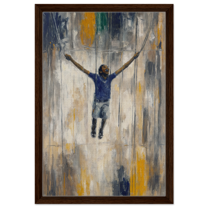 Painting of a person jumping in the Transcendent Freedom Swing against an abstract background